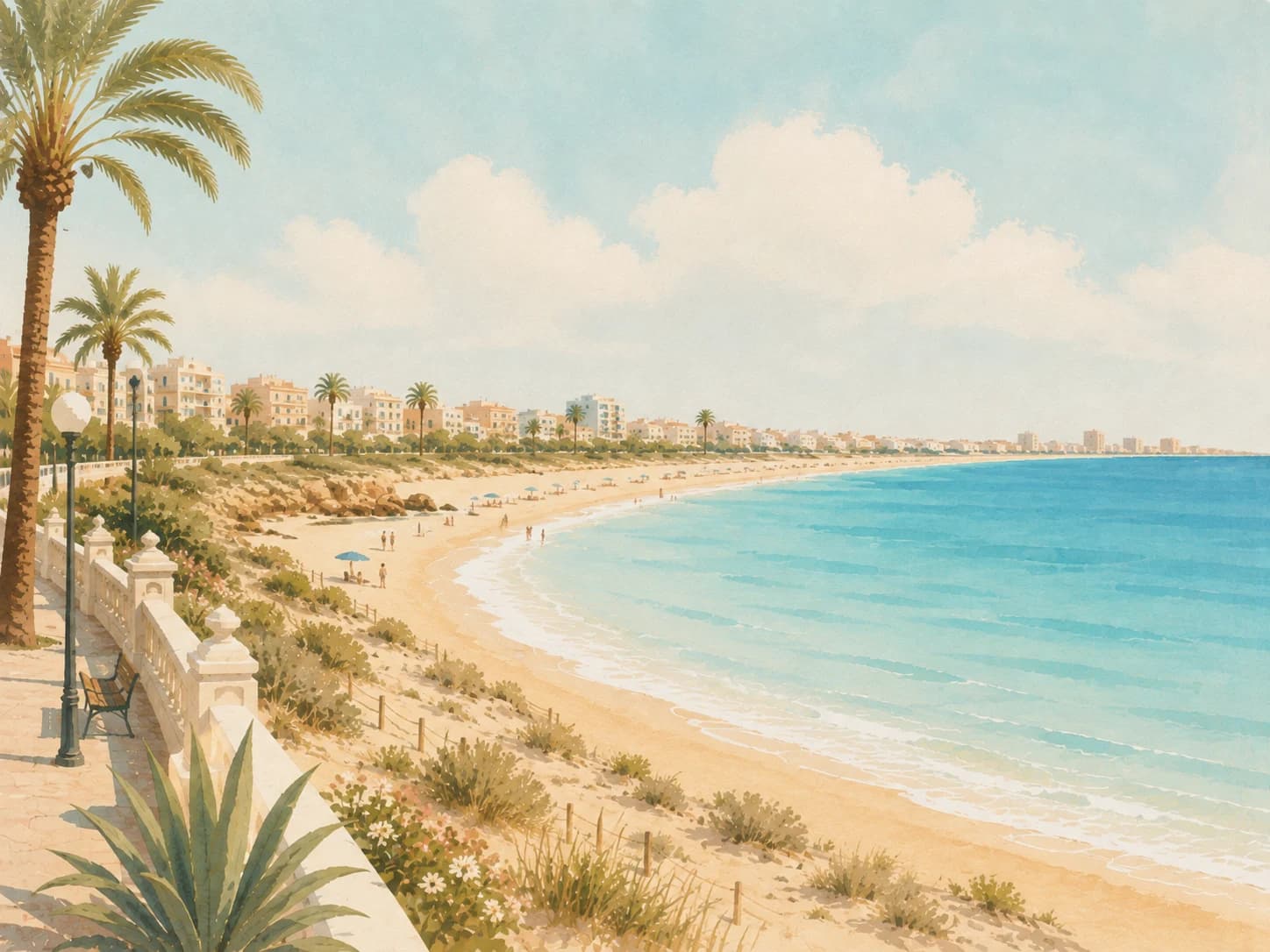 Stylised Mediterranean beach illustration for sun protection in Torrevieja