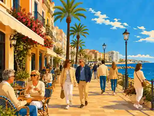 Illustration einer sonnigen Winterpromenade in Torrevieja